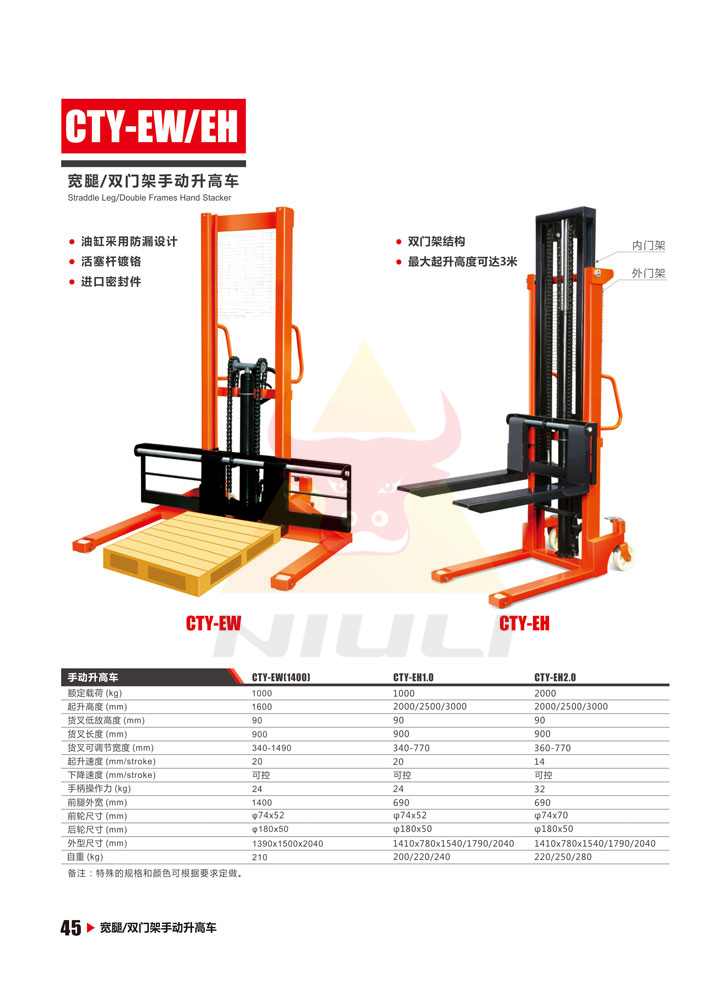 45寬腿雙門架手動(dòng)升高車、手動(dòng)油桶升高車、液壓油桶搬運(yùn)車